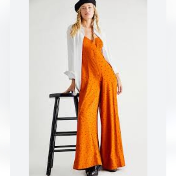 Free People Jamboree Jumpsuit Rust Combo Polka Dot Strappy Wide Leg xsmall - Picture 2 of 16